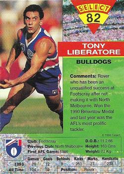 1994 Select AFL #82 Tony Liberatore Back